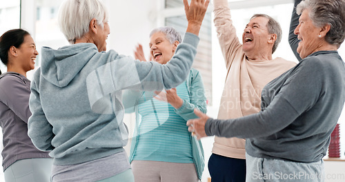 Image of Fitness, hands together and senior people for exercise support, celebration and teamwork in workout class. Exercise, training goal and group of elderly man and women with high five for health success