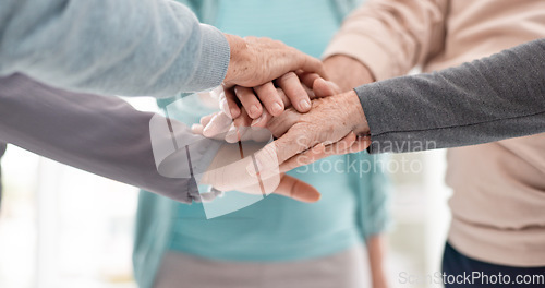 Image of Fitness, high five and senior people for exercise support, collaboration and teamwork in yoga studio. Pilates, training and happy group of elderly man and women with hands together for health success