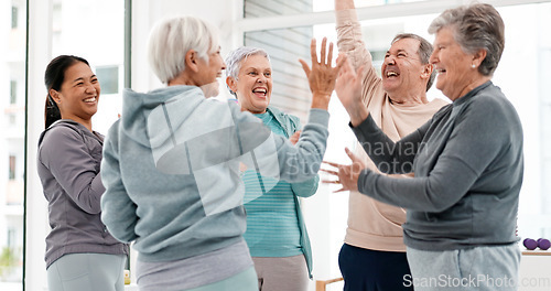 Image of Fitness, hands together and senior people for exercise support, celebration and teamwork in workout class. Exercise, training goal and group of elderly man and women with high five for health success