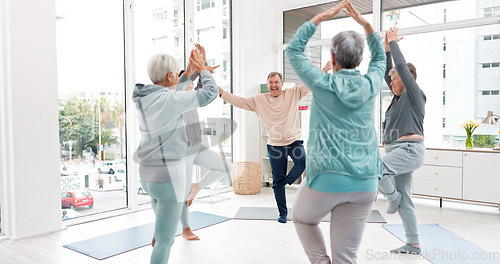 Image of Senior workout, people with coach for fitness, wellness and training together. Happy, gym and elderly group of friends with trainer and gear for exercise in nursing home for retirement