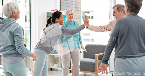 Image of Fitness, high five and senior people for exercise support, collaboration and teamwork in yoga studio. Pilates, training and happy group of elderly man and women with hands together for health success