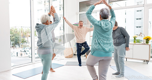 Image of Senior workout, people with coach for fitness, wellness and training together. Happy, gym and elderly group of friends with trainer and gear for exercise in nursing home for retirement