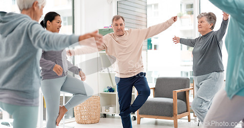 Image of Old people in yoga class, fitness and stretching with happiness, wellness and retirement. Health, exercise and warm up, women and workout with elderly care and zen, mindfulness and vitality in gym