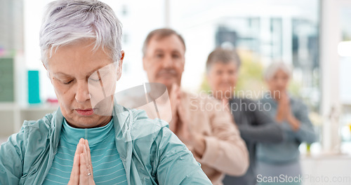 Image of Old people in yoga class, exercise and meditation with breathing, wellness and retirement. Health, fitness and healing with group workout, holistic with zen and peace, mindfulness and vitality