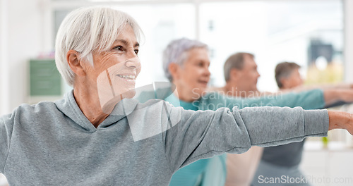Image of Old people in yoga class, fitness and stretching with happiness, wellness and retirement. Health, exercise and warm up, women and workout with elderly care and zen, mindfulness and vitality in gym
