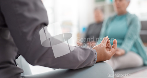 Image of Yoga class, fitness and meditation, hand and lotus pose with breathing, wellness and healing. Health, exercise and stretching, people workout with peace and zen, mindfulness and vitality with closeup