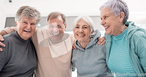 Image of Elderly friends, selfie and smile in exercise group with hug, care and funny laugh with excited face for teamwork. Senior women, men and comic memory in gym, fitness or happy for post on social media