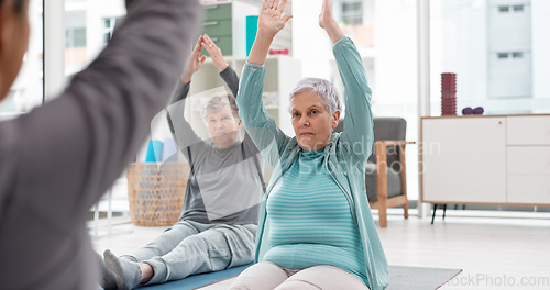 Image of Old people in yoga class, fitness and meditation with breathing, wellness and retirement. Health, exercise and stretching, women and workout with elderly care and zen, mindfulness and vitality