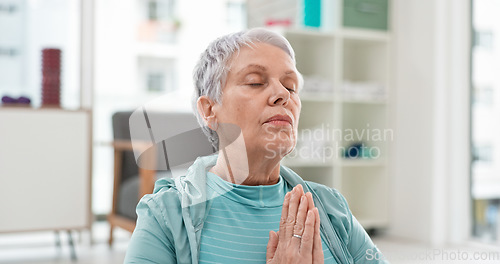 Image of Yoga, namaste meditation and woman breathing for mindfulness, senior exercise or healing at home. Face of healthy old lady, breathe and meditate with prayer hands for zen, wellness and focus on peace