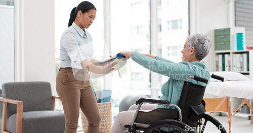 Image of Woman with disability, physiotherapy and dumbbell exercise for healthcare assessment, test or digital checklist of medical progress. Physiotherapist, tablet or consulting senior patient in wheelchair