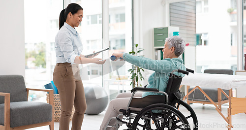 Image of Woman with disability, physiotherapy and dumbbell exercise for healthcare assessment, test or digital checklist of medical progress. Physiotherapist, tablet or consulting senior patient in wheelchair