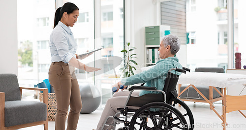 Image of Woman with disability, physiotherapy and dumbbell rehabilitation of healthcare assessment, test or checklist of healing progress. Physiotherapist, clipboard or consulting senior patient in wheelchair