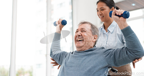 Image of Physical therapy, senior patient with dumbbells and chiropractor with weightlifting, monitor progress and exercise. Help, support with old man and woman at clinic, muscle and health with physio