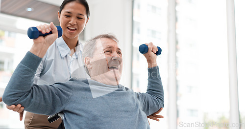 Image of Physical therapy, senior patient with dumbbells and chiropractor with weightlifting, monitor progress and exercise. Help, support with old man and woman at clinic, muscle and health with physio