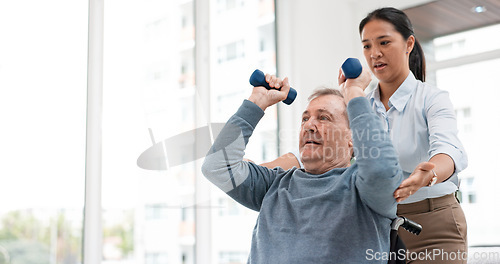 Image of Man with disability, physiotherapy and dumbbell exercise for healthcare rehabilitation, consulting and physical therapy assessment. Clinic, physiotherapist and support of senior patient in wheelchair