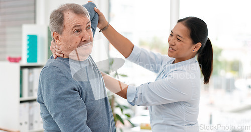 Image of Old man, patient and physiotherapy of arm, medical rehabilitation or consulting doctor. Woman, physiotherapist and stretching for assessment of shoulder pain, arthritis or healthcare advice in clinic