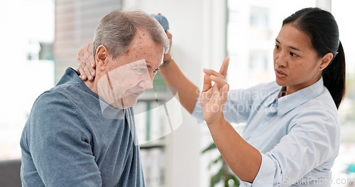 Image of Man, patient and physiotherapist stretching arm, muscle and healthcare of rehabilitation, consulting or helping. Woman, physiotherapy and senior support for shoulder pain, arthritis or medical advice