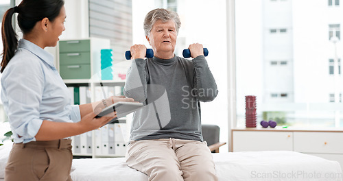 Image of Physical therapy, senior patient with dumbbells and chiropractor with tablet, monitor progress and exercise. Help, support and women at clinic, weightlifting and elderly care with health and physio