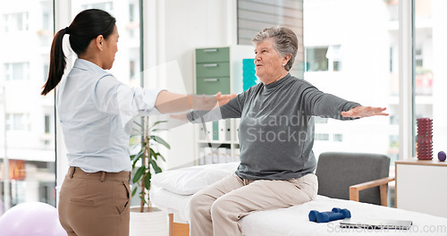 Image of Physical therapy, senior patient and chiropractor, stretching and motion with exercise and progress in consultation. Help, support and women at clinic, elderly care and fitness with health and physio