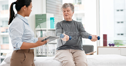 Image of Physiotherapy tablet, senior woman and dumbbell for muscle, fitness and stretching support on digital checklist. Physical therapy, medical or chiropractor person helping elderly patient with exercise