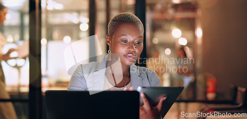 Image of Black woman, focus with tablet for research online and reading digital report or article for project. Busy, corporate and technology, email and networking with typing and sign virtual document