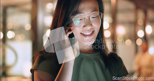 Image of Business woman, phone call and communication, networking and work late with b2b and office in Shanghai. Virtual discussion, Asian employee and network with phone, connection on call and technology