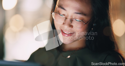 Image of Business woman, face or tablet in night office on digital marketing ideas, advertising strategy planning or branding growth innovation. Smile, happy or creative Japanese designer working late on tech