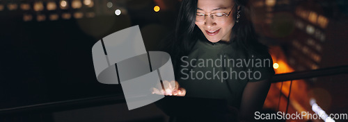 Image of Woman, digital tablet and rooftop at night in city for social media, research and networking on urban background. Business woman, balcony and online search by entrepreneur working late in New York