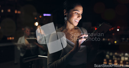 Image of Woman, digital tablet and rooftop at night in city for social media, research and networking on urban background. Business woman, balcony and online search by entrepreneur working late in New York