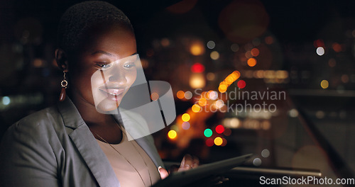 Image of Corporate black woman, tablet and office in night, rooftop and reading social media for data analysis. Digital marketing planning, dark and focus on mobile tech for goals, ux and analytics at company