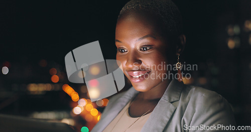 Image of Black woman, screen and dark social media scroll of a person online looking at internet and web. City night, woman and technology reading of a female happy about a social network connection outdoor