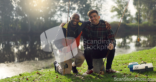 Image of Fishing, lake and friends hug in nature on holiday, adventure and vacation together outdoors. Friendship, happy and portrait of men with rods by river for sports hobby, activity and catching fish