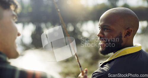 Image of Fishing, laugh and friends in nature talking on holiday, adventure and vacation together outdoors. Friendship, lake and men in conversation with rod by river for sports hobby, activity and catch fish