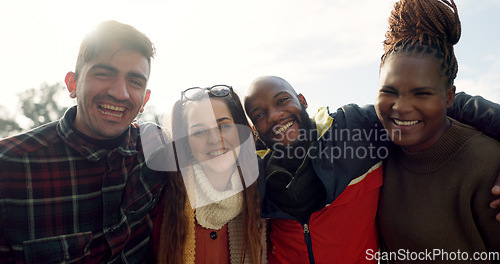 Image of Group, couple of friends and laughing outdoor for fun, quality time and bonding together. Happy men, women and diversity of people hug with smile for support, freedom and funny double date at park