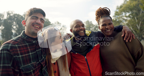 Image of Group, couple of friends and laughing outdoor for fun, quality time and bonding together. Happy men, women and diversity of people hug with smile for support, freedom and funny double date at park