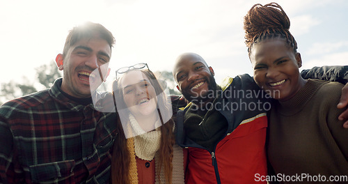 Image of Group, couple of friends and faces laughing outdoor for fun, quality time or relax together. Portrait of happy men, women and diversity of people hug for support, freedom or funny double date at park