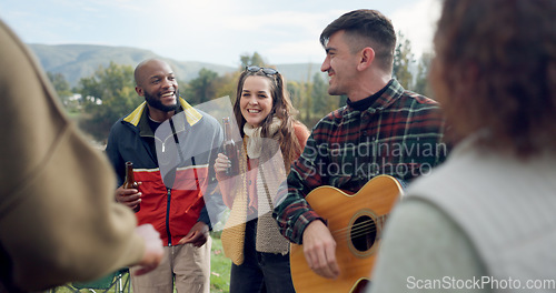 Image of Singing, camping or happy friends with guitar dancing together in nature, woods or park on vacation. Men, women or fun people with beer or drinks by bonfire or campfire for music in forest on holiday