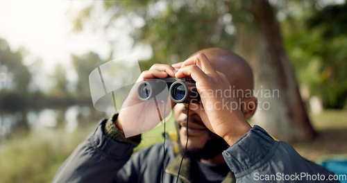 Image of Black man, hiking and looking through a binnacles on an adventure on vacation. Lake, nature and hot beverage with male person at camp for travel or rest in forest to relax on weekend.