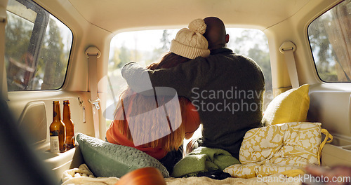 Image of Road trip, nature and couple hug in car from back, relax on adventure together with love and freedom. Camping journey, black man and woman embrace in van, romantic travel holiday at lake in camper.