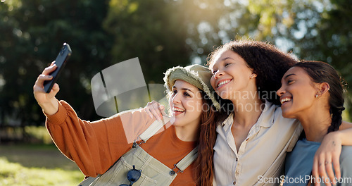 Image of Friends, camping and selfie, women in nature for summer vacation together with smile and trees. Relax, happy woman and girls taking picture in forest on camp holiday, friendship and fun outdoor time.