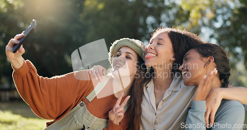 Image of Friends, camping and selfie, women in nature for summer vacation together with smile and trees. Relax, happy woman and girls taking picture in forest on camp holiday, friendship and fun outdoor time.