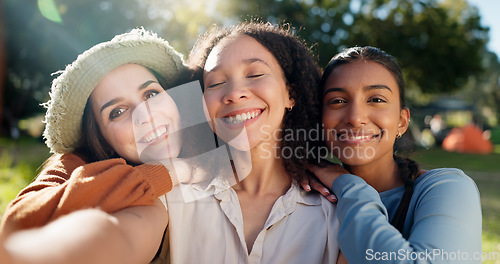 Image of Selfie of group of women, camping and nature for summer vacation with smile, trees and sunshine. Relax, portrait of happy friends in forest on camp holiday with friendship, diversity and outdoor time