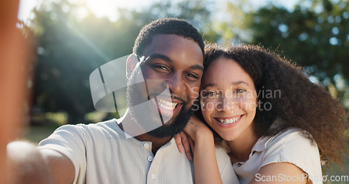 Image of Love, selfie and face of a couple in nature on a romantic date in a garden while on a holiday. Happy, smile and portrait of African young man and woman taking picture together in park on weekend trip