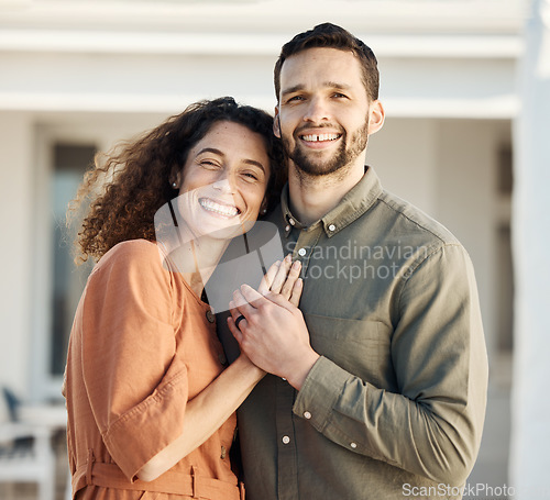 Image of Couple, hug and happiness outdoor in portrait, love and care with bonding, support and trust in a marriage. Life partner, laughing together and holding hands, people at home with respect and romance