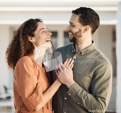 Image of Couple, hug and happiness outdoor, love and care with bonding, support and trust in a marriage. Life partner, laughing together and holding hands, people at holiday home with respect and romance