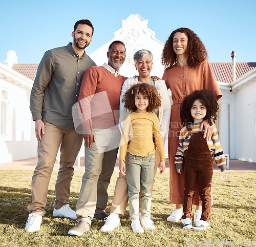 Image of Parents, kids and grandparents in portrait, lawn and smile together with love, bonding and outdoor in sunshine. Mother, father and children in big family, happy and excited on grass, backyard or home