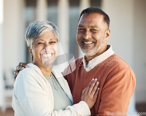 Image of Senior couple, hug and happiness outdoor, love and care with bonding, support and trust in a marriage. Life partner, retirement together and people at holiday home with respect and romance in garden