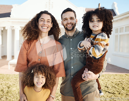 Image of Family, portrait and parents with children outdoor, love and support with mom, dad and girl kids in home garden. Bonding, care and affection with people on the lawn and happiness together with smile