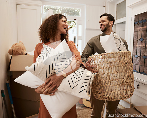 Image of Happy, moving and real estate with couple in new house for investment, future and property. Smile, love and helping with excited man and woman of home for mortgage, marriage and renting together