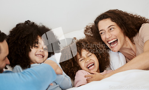 Image of Bedroom, laughing and face of parents, children or happy family relax, bond and enjoy funny morning together. Bed, comedy and home kids, mom and dad wellness, humour and joke about holiday in Canada